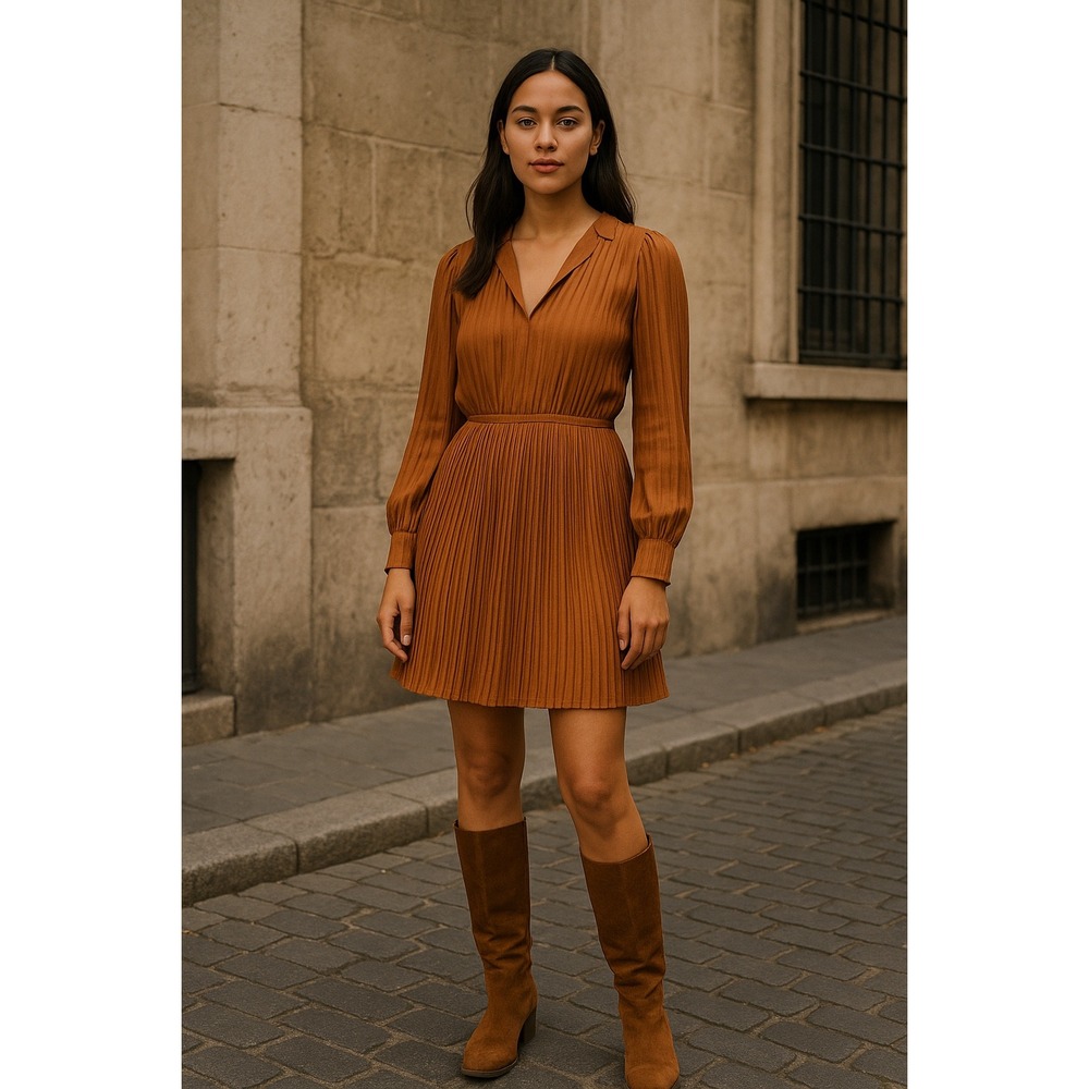 Vince Rust Pleated Long Sleeve Midi Dress – Women's M/L Caramel Brown Luxe